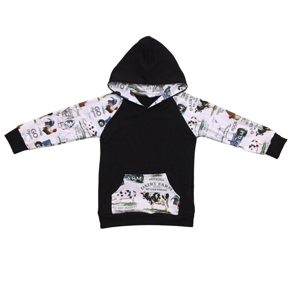 Toddler Cow Print Hoodie Sweatshirt‎ With Farm 5/6 Themed Sleeves & Pocket
